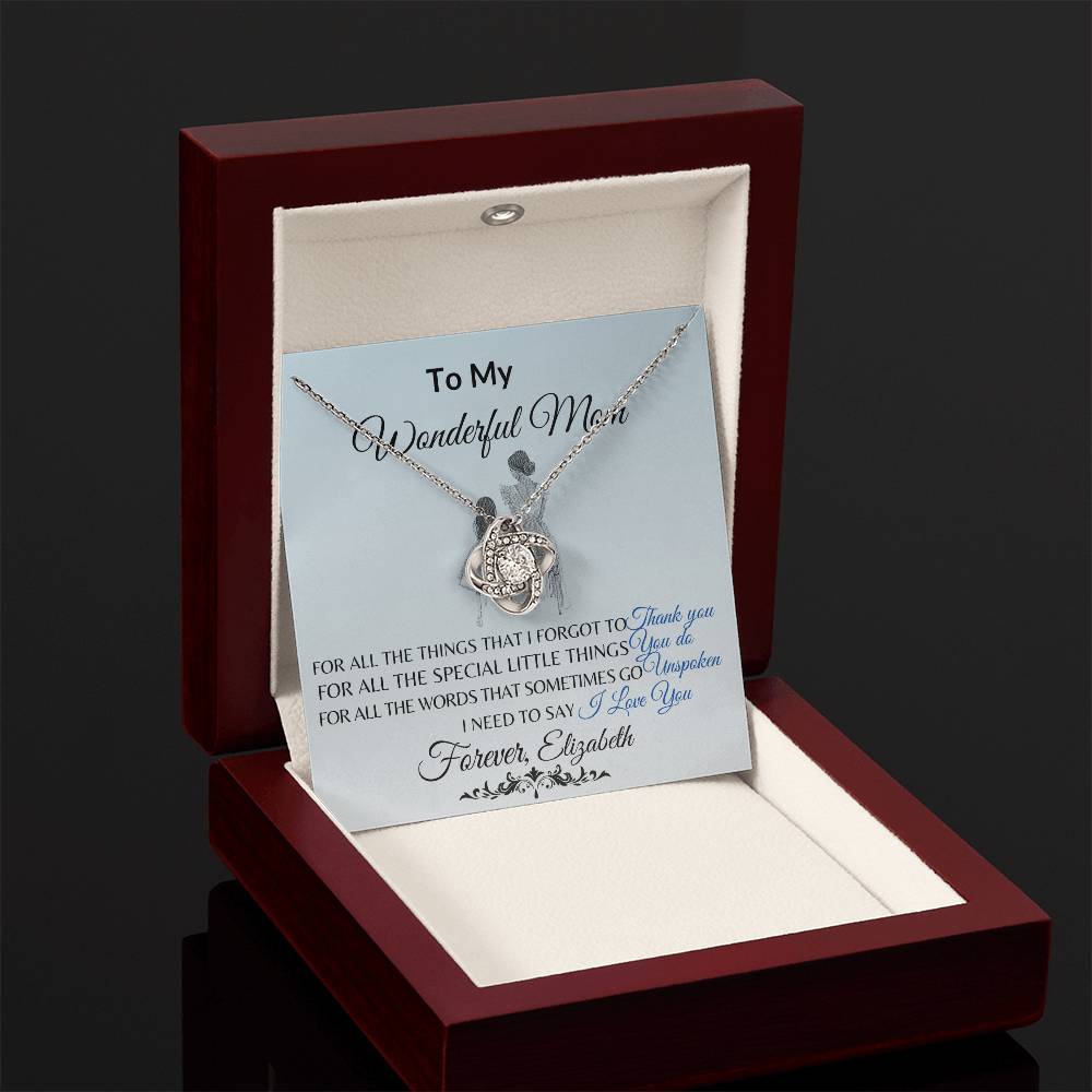 To My Wonderful Mom Necklace – Love Knot Message Card Gift | Elegant Crystal Pendant for Mother’s Day, Birthday or Just Because