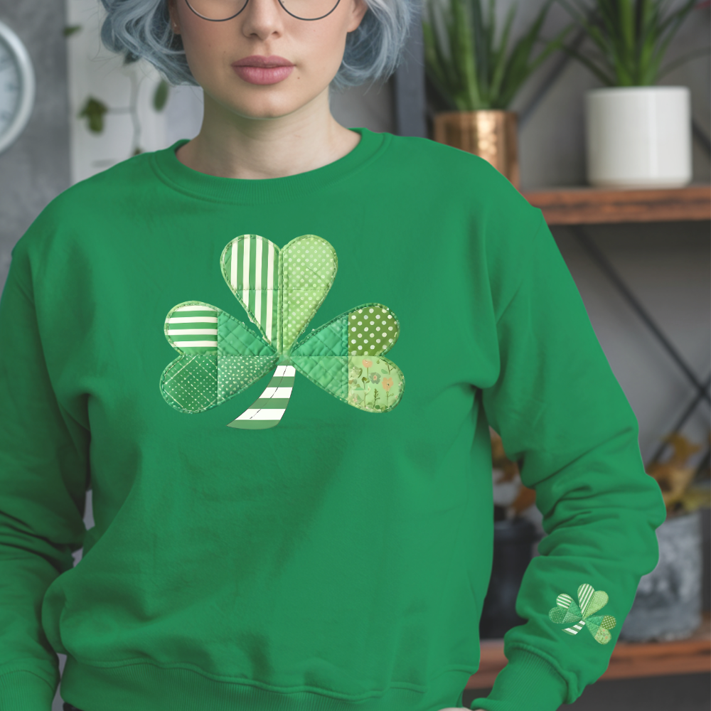 St. Patrick's Day Shamrock Sweatshirt, Patchwork Lucky Clover Crewneck, Cozy Green Patterned Pullover