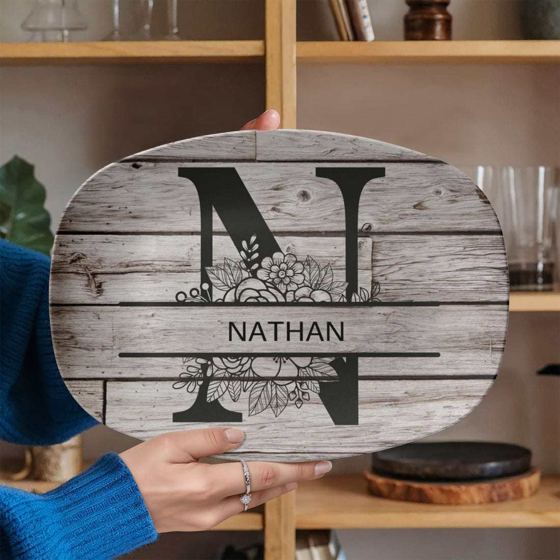 Personalized Father’s Day Platter – Custom Initial & Name Decorative Serving Tray (10x14”) – Wood Look Design Gift for Dad