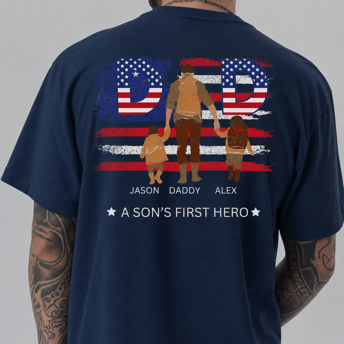 Personalized Dad Shirt, A Son’s First Hero T-Shirt, Custom Daddy Shirt with Kids Names, Father’s Day Gift for Dad, Patriotic Dad Tee