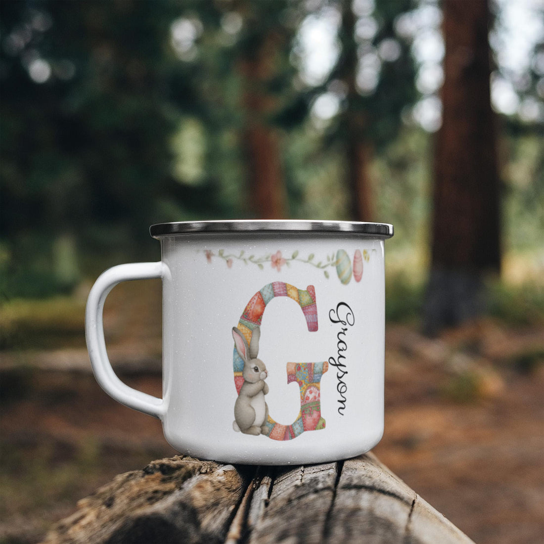 Personalized Cartoon Easter Bunny Initial 12 oz Enamel Mug with Name Easter Gift for Boys and Girls