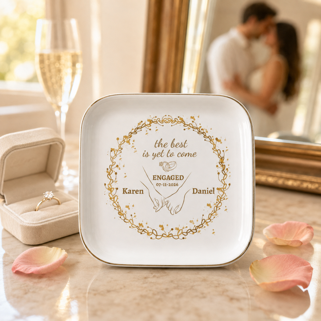 Personalized Engagement Jewelry Dish – Custom Couple Ring Holder With Names and Engagement Date