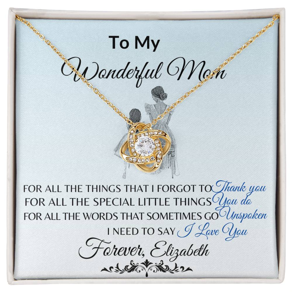 To My Wonderful Mom Necklace – Love Knot Message Card Gift | Elegant Crystal Pendant for Mother’s Day, Birthday or Just Because