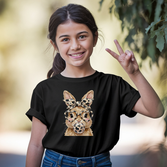Cute Bunny Kids T-Shirt, Leopard Print Glasses Tee, Adorable Animal Graphic Top, Fun Clothes for Kids, Gift for Animal Lovers