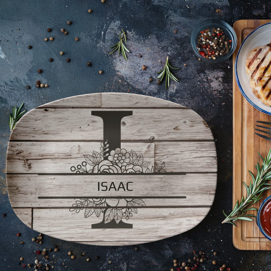 Personalized Father’s Day Platter – Custom Initial & Name Decorative Serving Tray (10x14”) – Wood Look Design Gift for Dad