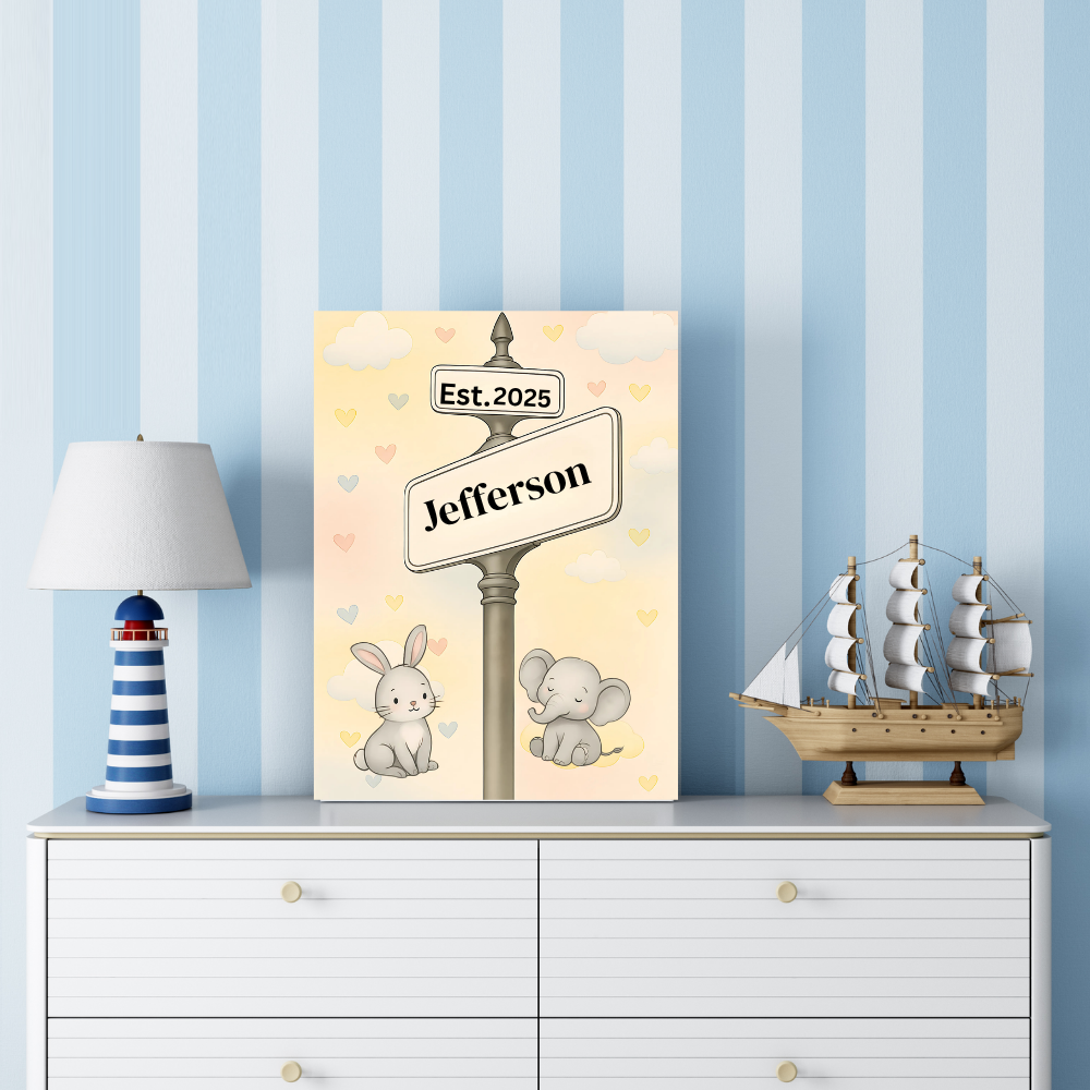 Personalized Nursery Name Street Sign | Soft, gender-neutral watercolor background Canvas