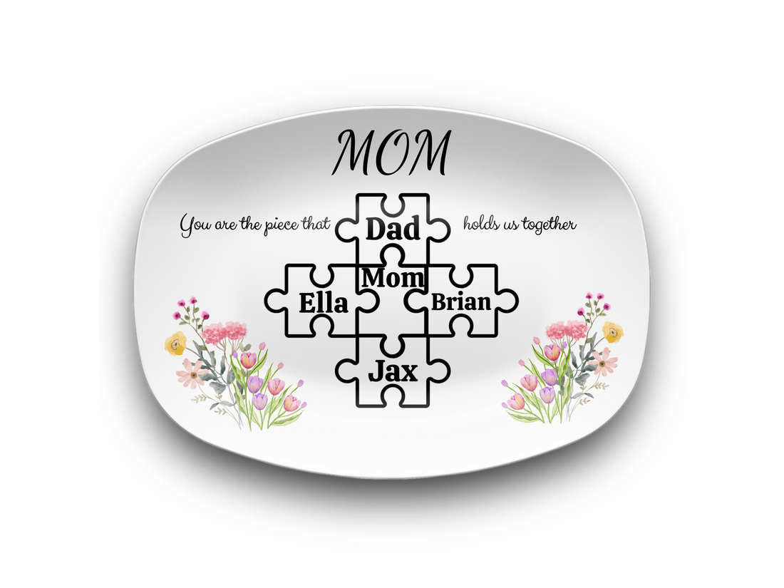 Personalized Puzzle Piece Family Plate, Floral Design, Custom Mom Gift, Unbreakable Oval Plate, Gift for Mother's Day