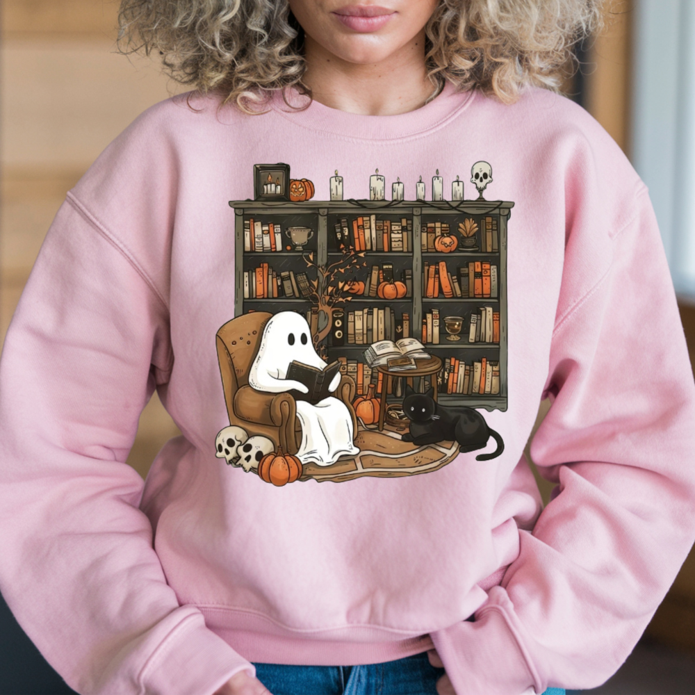 Retro Ghost Reading Books Sweatshirt, Librarian, Teacher Ghost Halloween