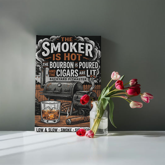 Vintage BBQ Wall Art, Smokers Gift, Man Cave Decor, Backyard Pitmaster Sign, Bourbon and Cigar Poster, Rustic Kitchen Canvas, BBQ Lovers Gift