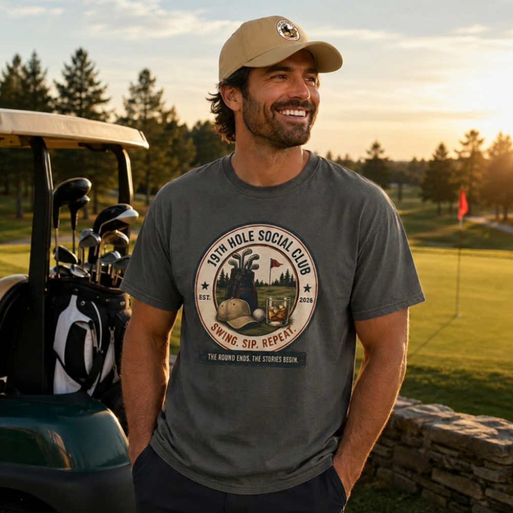 19th Hole Social Club Golf Shirt | Matching Golf Hat | Comfort Colors 1717 Tee | Golf Trip Gift | Golf League Apparel | Swing Sip Repeat