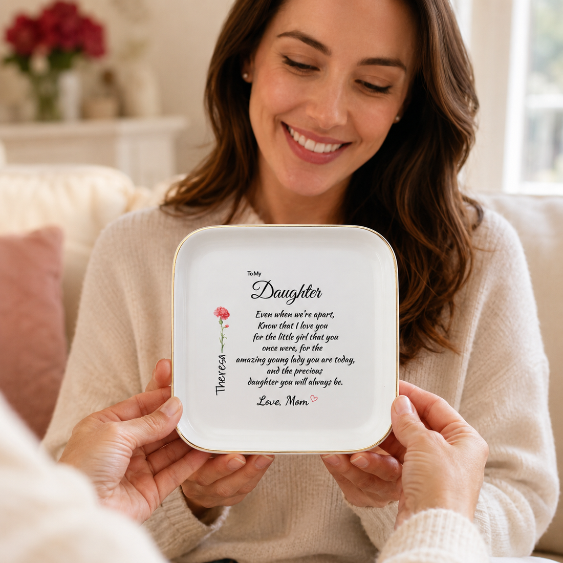Personalized Birth Flower Jewelry Dish for Daughter from Mom – Custom Name Ring Dish
