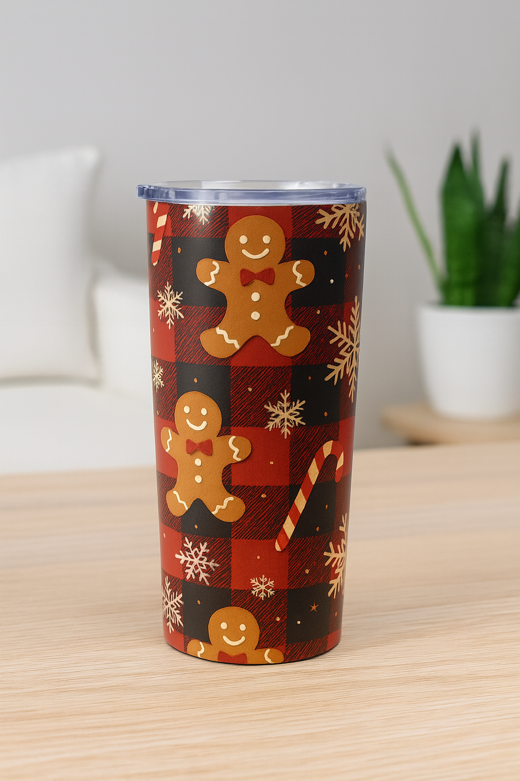 Christmas Plaid Tumbler, Gingerbread Man Insulated Tumbler, Holiday Drinkware Gift, 20oz Stainless Steel, Festive Design