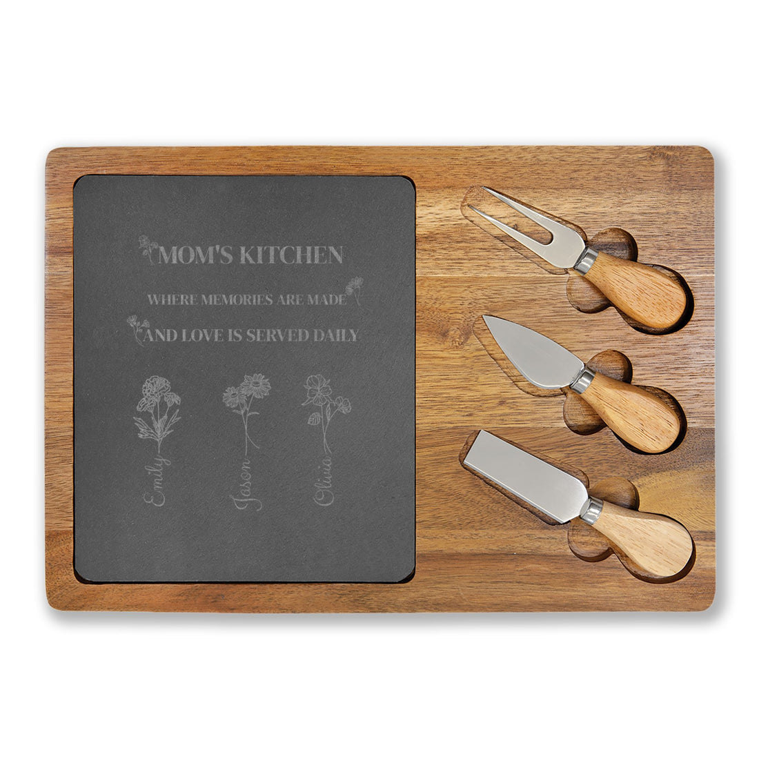 Engraved Acacia Cheese Board with Slate, Personalized Charcuterie Set, Birth Month Flowers with Names, Kitchen Décor, Unique Wedding Gift
