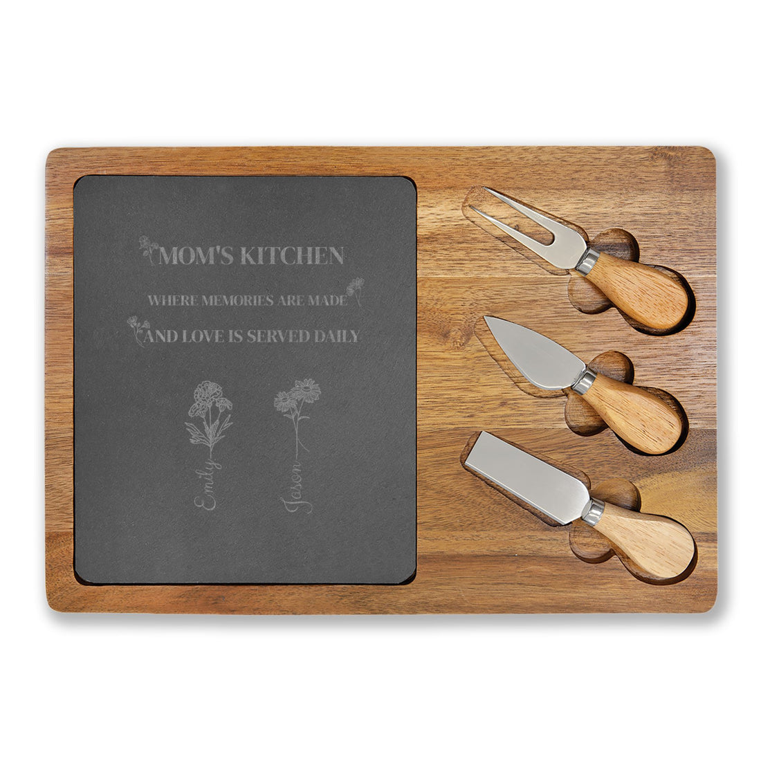 Engraved Acacia Cheese Board with Slate, Personalized Charcuterie Set, Birth Month Flowers with Names, Kitchen Décor, Unique Wedding Gift