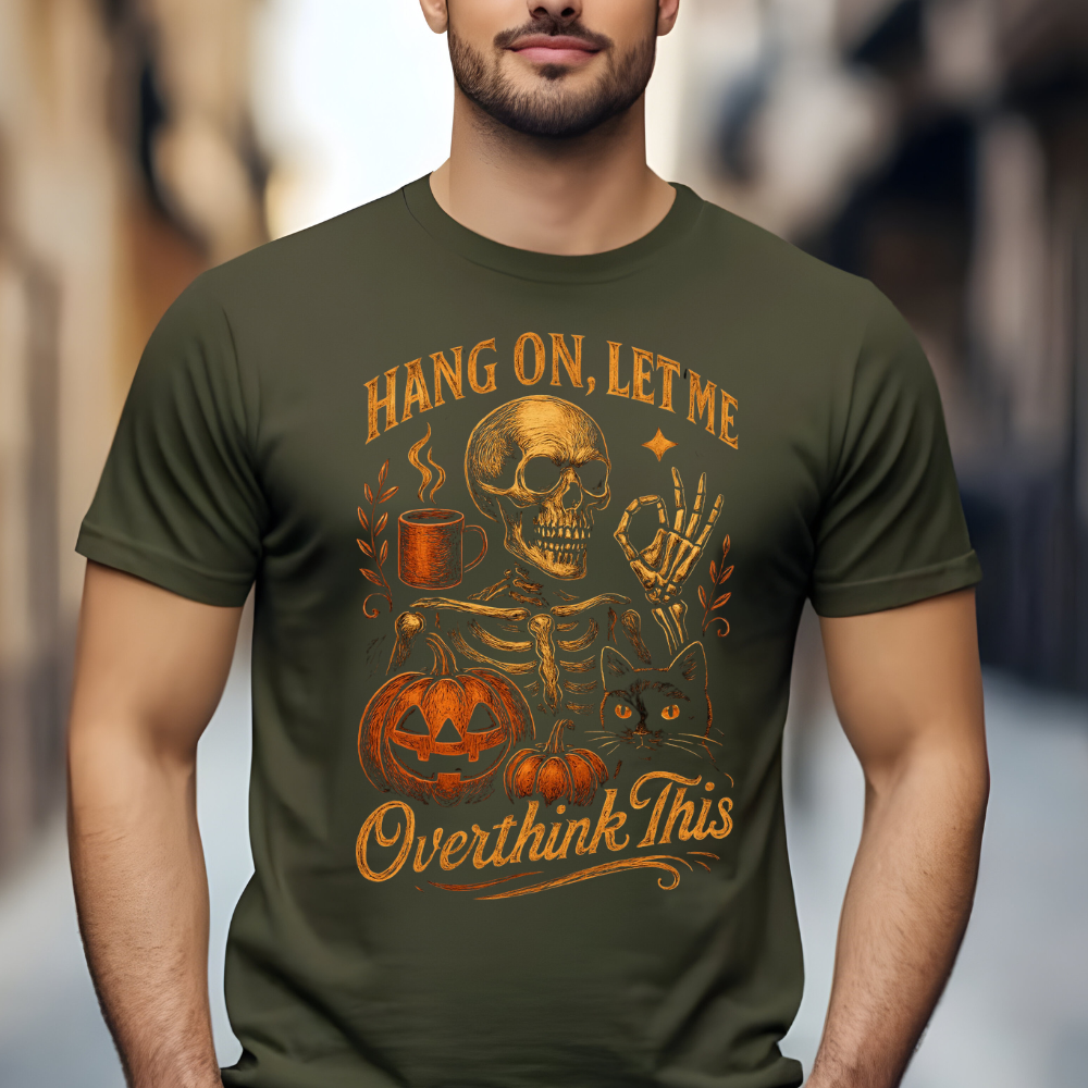 Halloween Skeleton and Cat "Overthink This" Tee