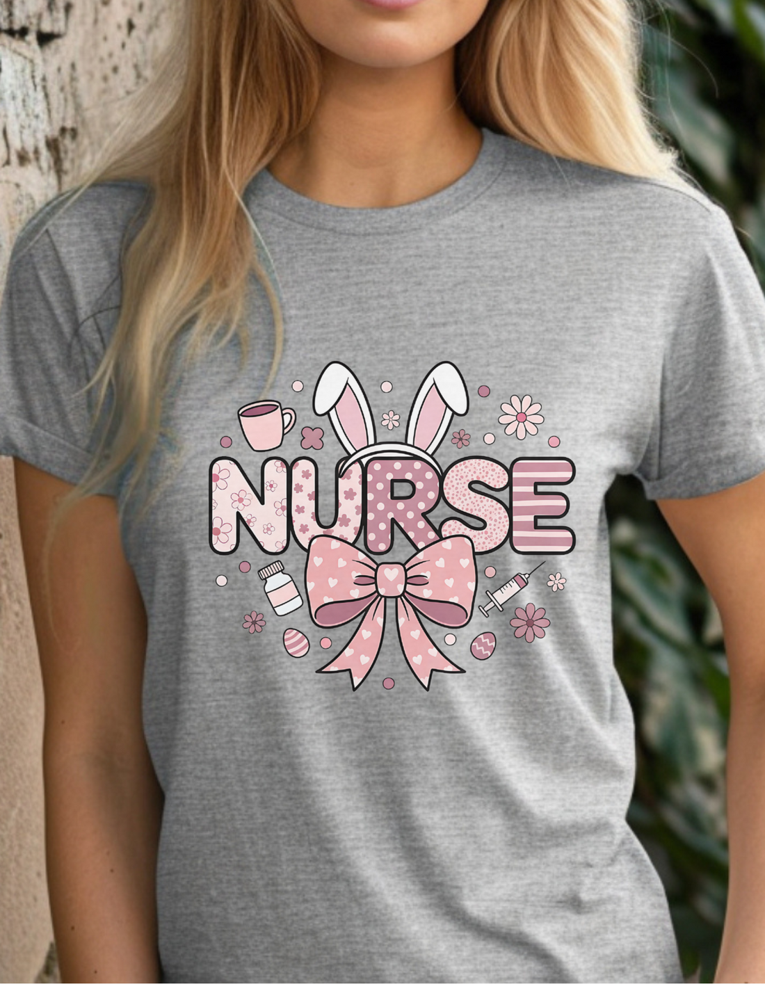 Nurse Easter Shirt, Bunny Ears Nurse Tee, Cute Pink Nurse Bows, Easter Gift for Nurses