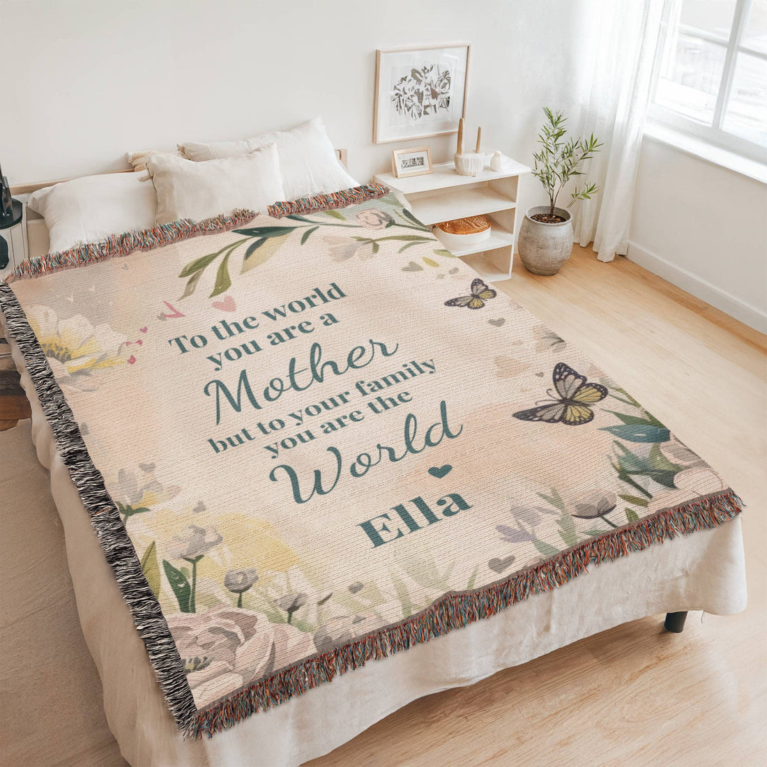 Personalized Mother’s Day Blanket – Custom Mom Gift with Kids Names – “You Are The World” Floral Throw