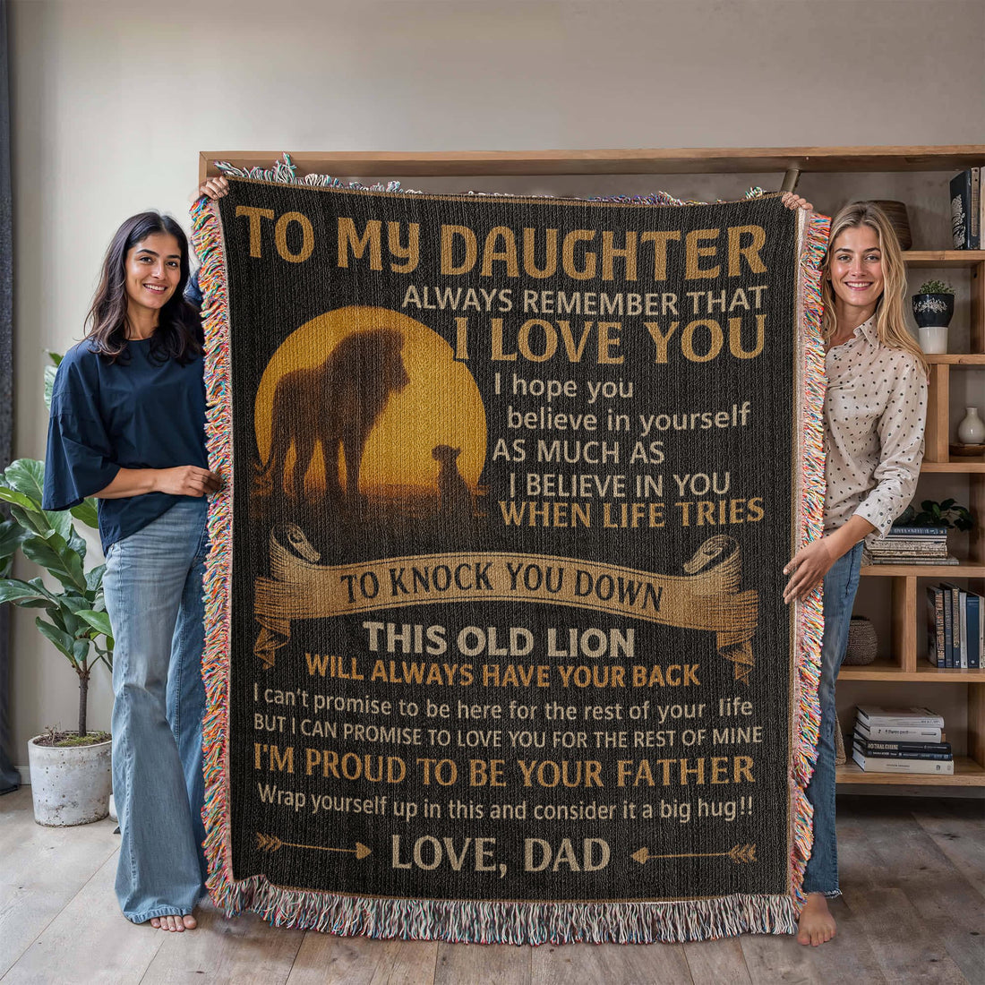 Custom Lion Theme Blanket, Personalized Woven Keepsake, Unique Gift for Daughter, Sentimental Home Decor, Dad's Love Message
