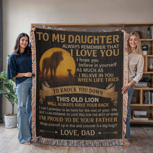 Custom Lion Theme Blanket, Personalized Woven Keepsake, Unique Gift for Daughter, Sentimental Home Decor, Dad's Love Message