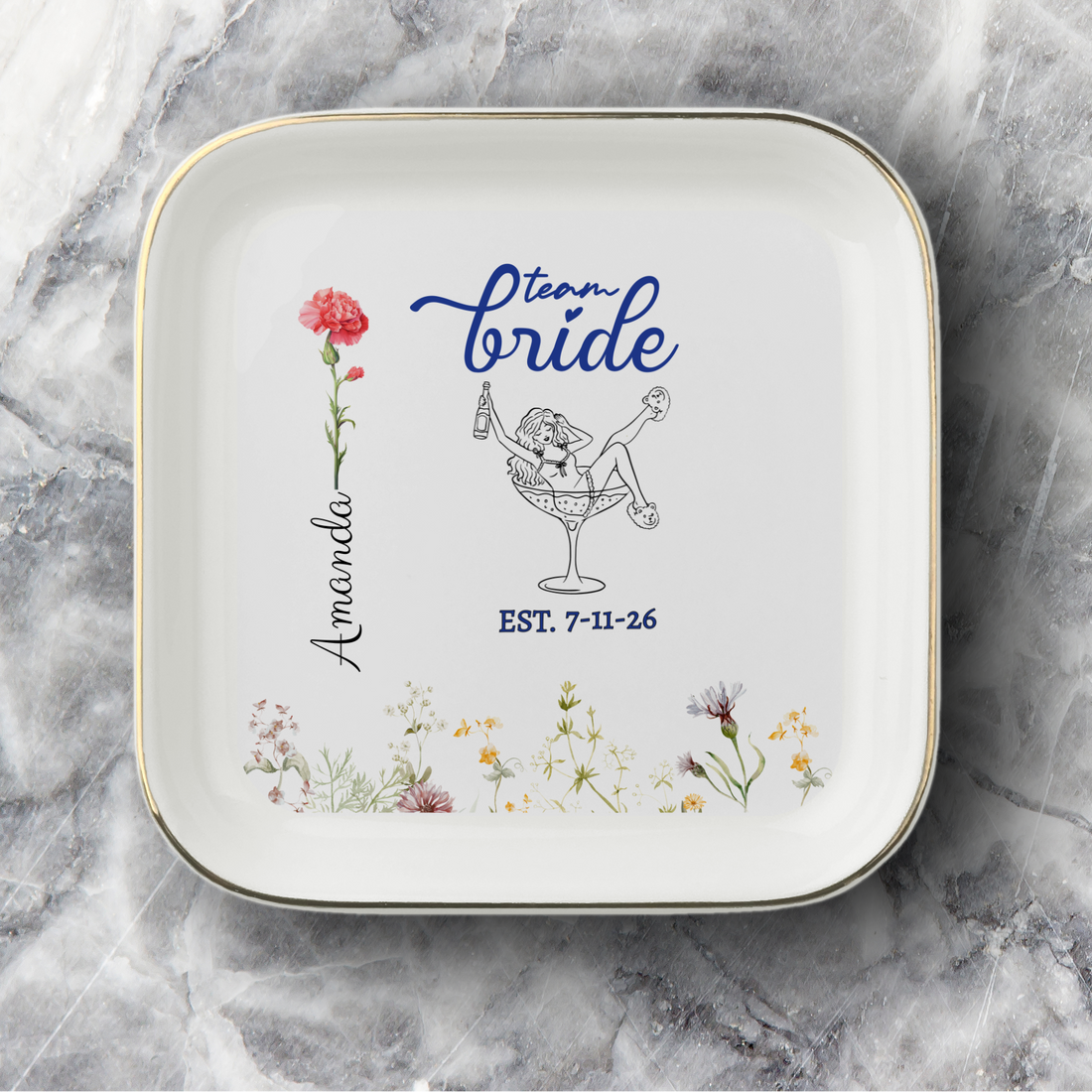 Personalized Team Bride Jewelry Dish – Custom Name, Birth Flower & Wedding Date