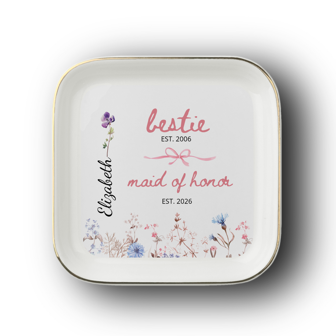Personalized Maid of Honor Birth Flower Jewelry Dish – Custom Bestie Bridal Party Gift