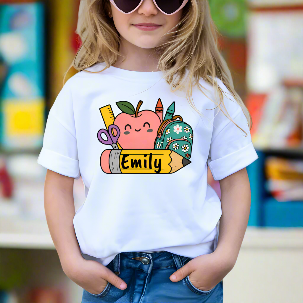 Personalized Kids Cotton Tee with School Supplies Design
