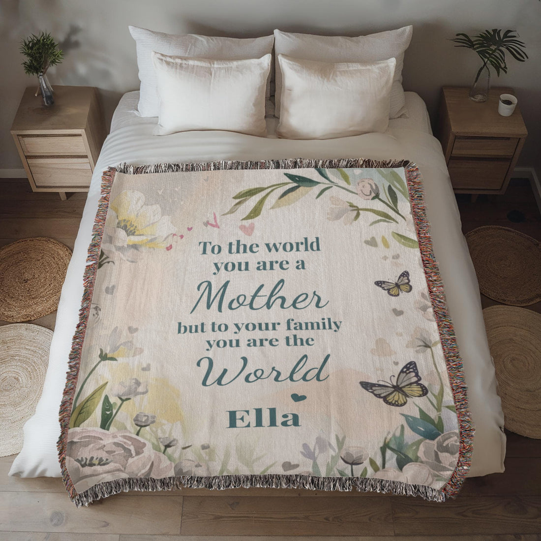 Personalized Mother’s Day Blanket – Custom Mom Gift with Kids Names – “You Are The World” Floral Throw
