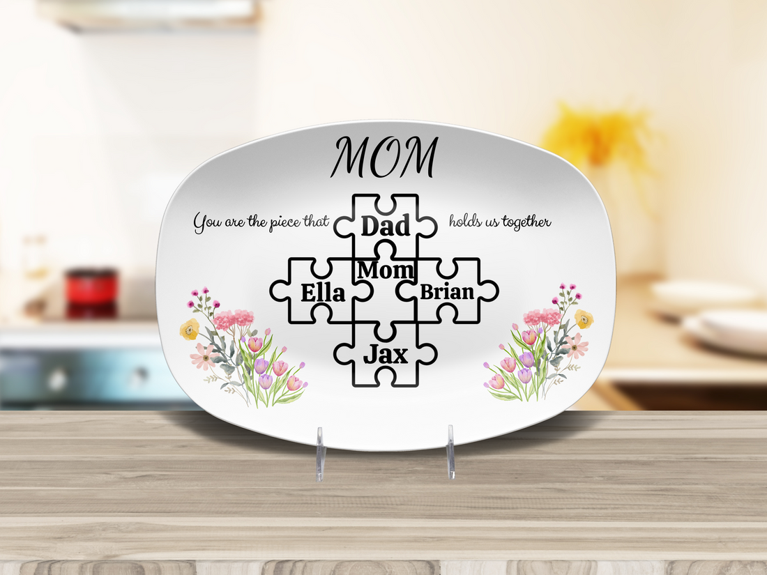 Personalized Puzzle Piece Family Plate, Floral Design, Custom Mom Gift, Unbreakable Oval Plate, Gift for Mother's Day