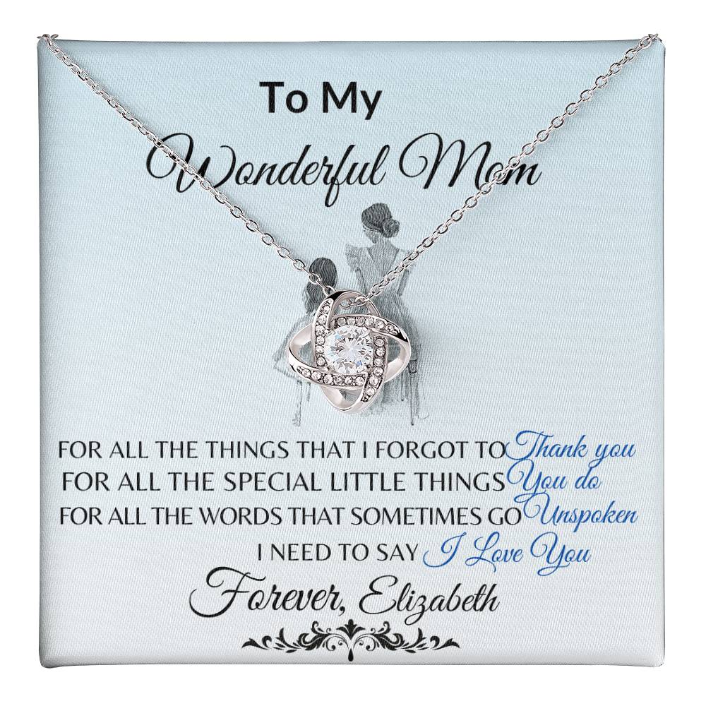 To My Wonderful Mom Necklace – Love Knot Message Card Gift | Elegant Crystal Pendant for Mother’s Day, Birthday or Just Because