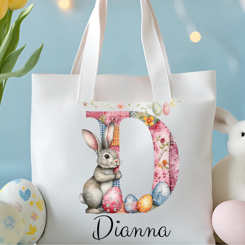 Personalized Easter Bunny Tote Bag – Custom Name Egg Hunt Bag – Patchwork Monogram Bunny Easter Basket Alternative