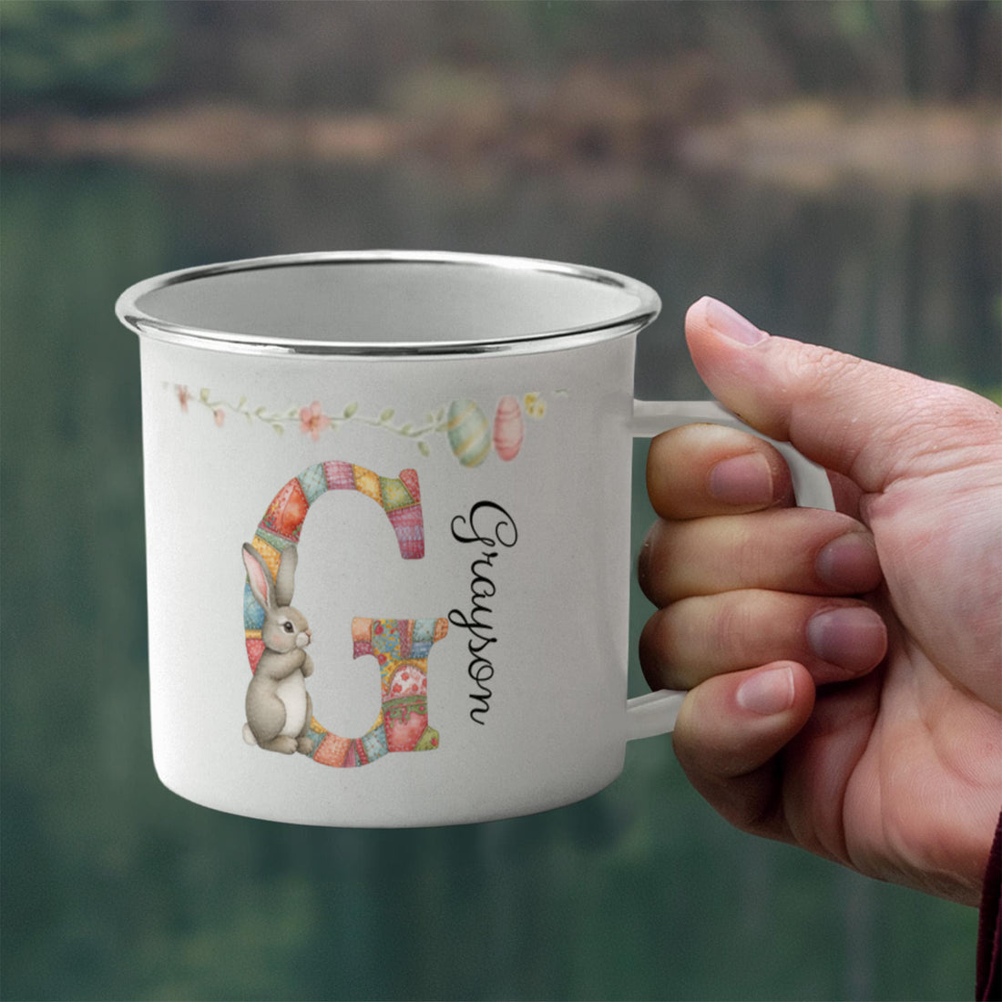Personalized Cartoon Easter Bunny Initial 12 oz Enamel Mug with Name Easter Gift for Boys and Girls