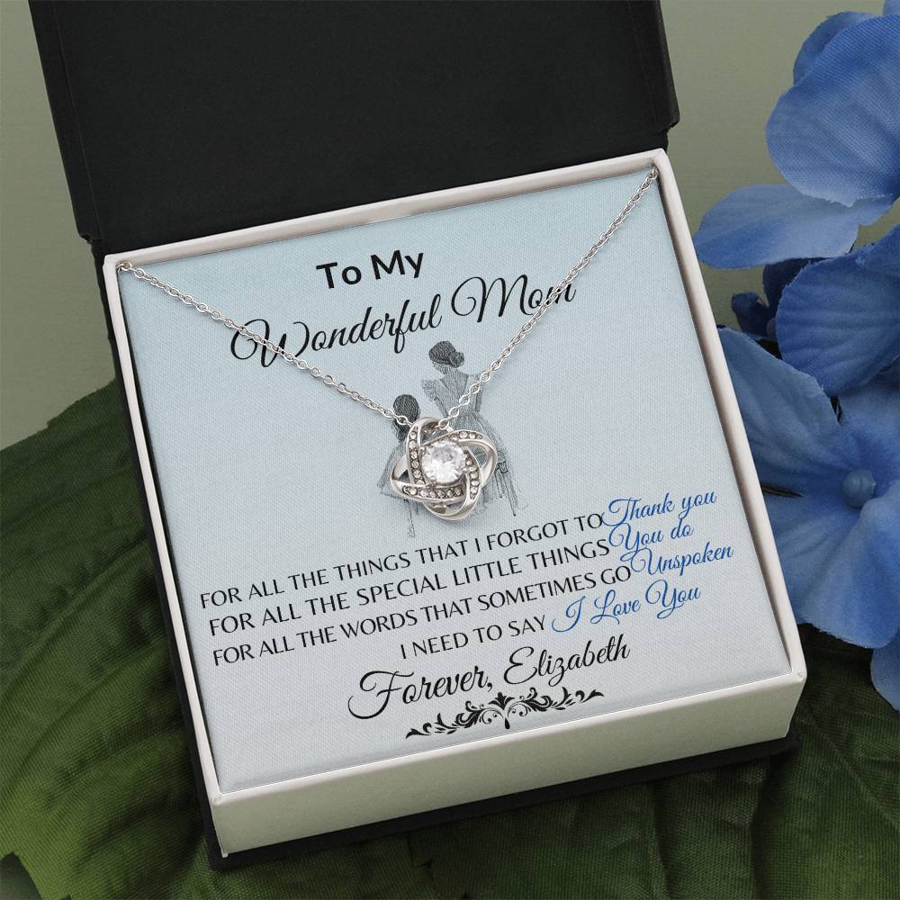 To My Wonderful Mom Necklace – Love Knot Message Card Gift | Elegant Crystal Pendant for Mother’s Day, Birthday or Just Because