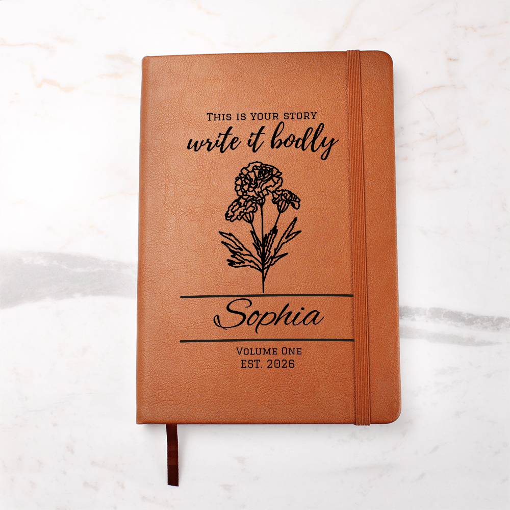 Personalized Graduation Leather Journal with Birth Flowers, Vegan Notebook Gift, Custom Name, Inspirational Quote