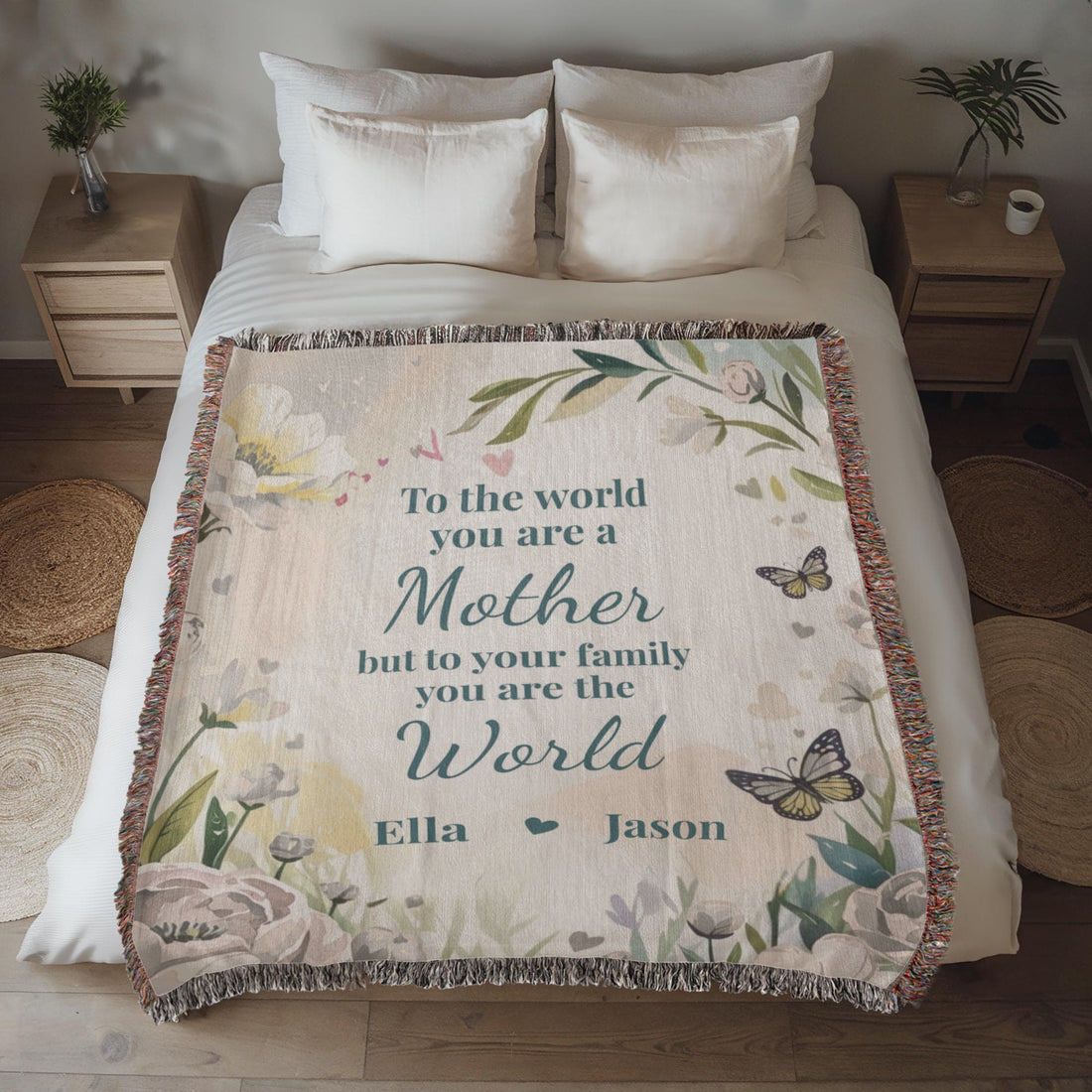Personalized Mother’s Day Blanket – Custom Mom Gift with Kids Names – “You Are The World” Floral Throw