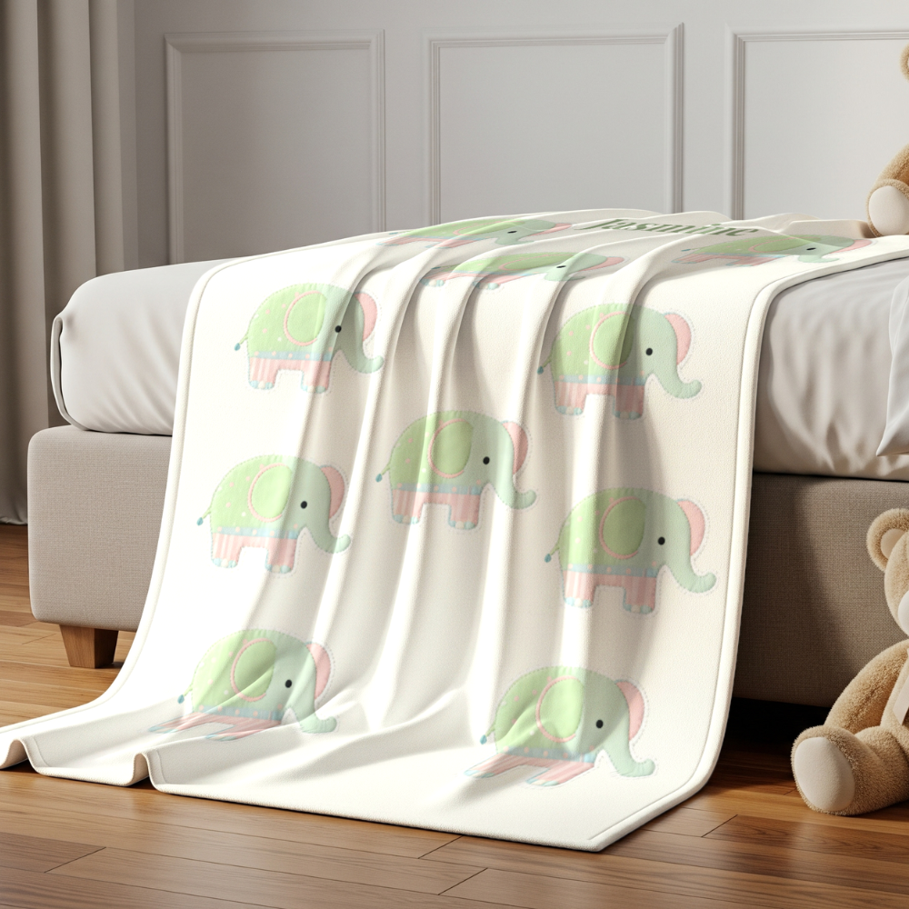 Personalized Elephant Baby Blanket, Custom Name Nursery Decor, Soft Velveteen Blanket, Baby Shower Gift, Cute Animal Theme, Infant Bedding