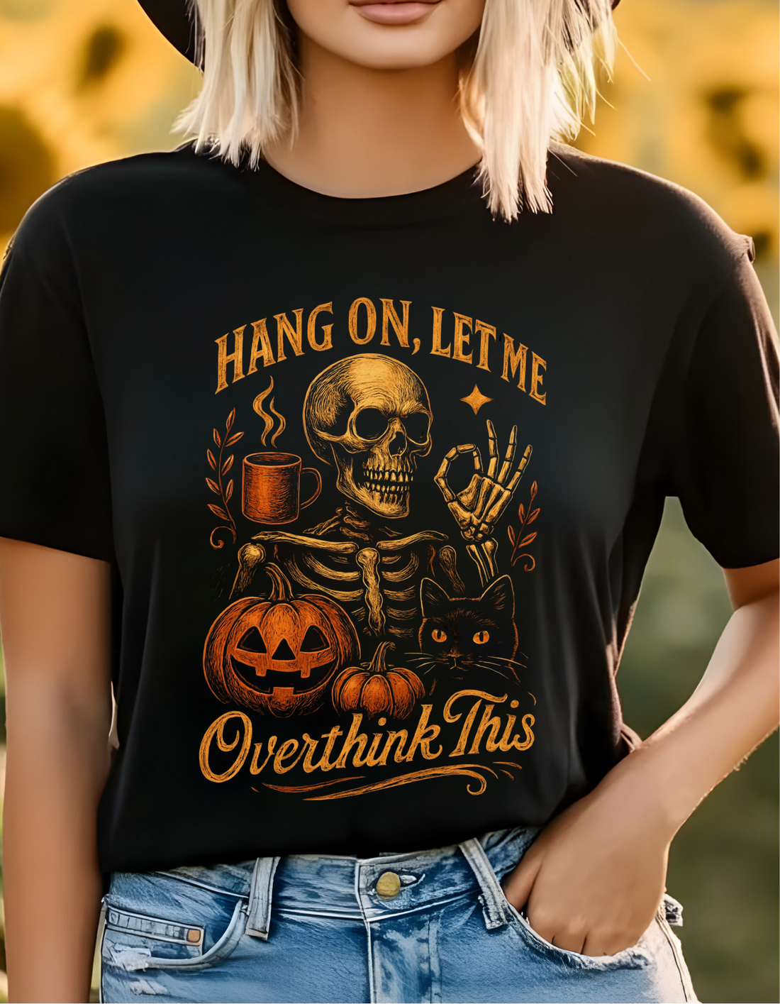 Halloween Skeleton and Cat "Overthink This" Tee