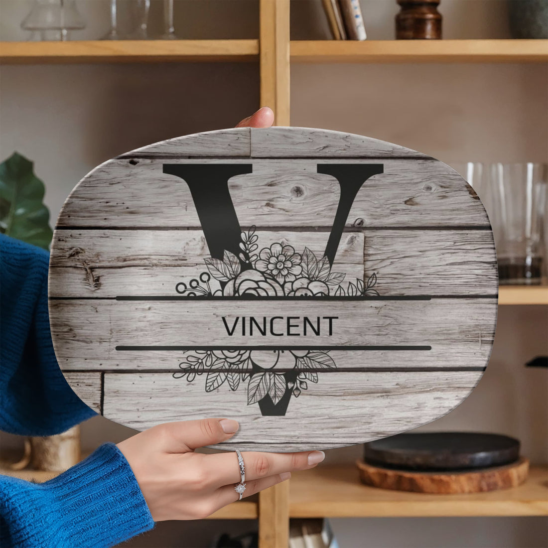 Personalized Father’s Day Platter – Custom Initial & Name Decorative Serving Tray (10x14”) – Wood Look Design Gift for Dad
