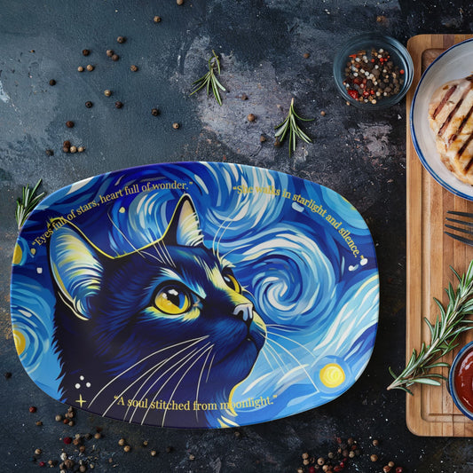 Unique Cat Art Platter, Personalized 10x14 Plate, Cat Starry Night Design, Decorative Kitchen Gift, Artistic Rectangle Dish, Microwave Safe