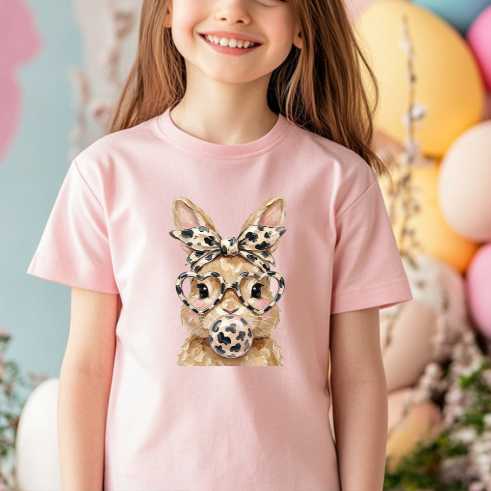 Cute Bunny Kids T-Shirt, Leopard Print Glasses Tee, Adorable Animal Graphic Top, Fun Clothes for Kids, Gift for Animal Lovers