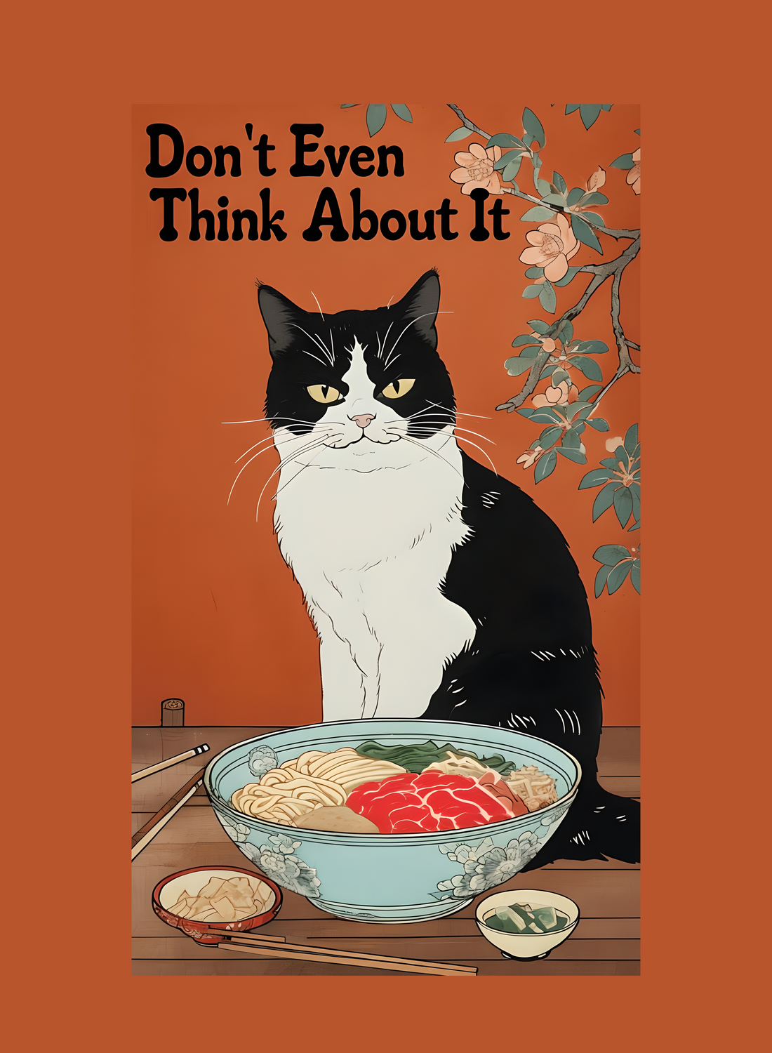 “Don't Even Think About It,” this canvas brings humor and personality no-nonsense tuxedo cat guarding its ramen bowl.