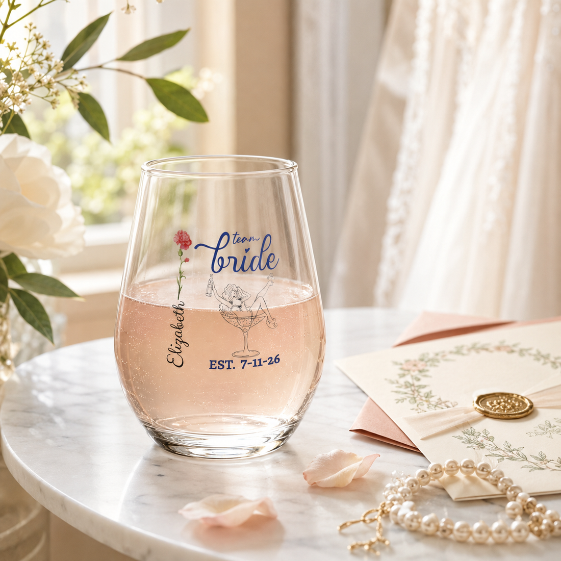 Personalized Birth Flower Team Bride Stemless Wine Glass – Custom Name & Wedding Date Stemless Wine Glass, 11.75oz