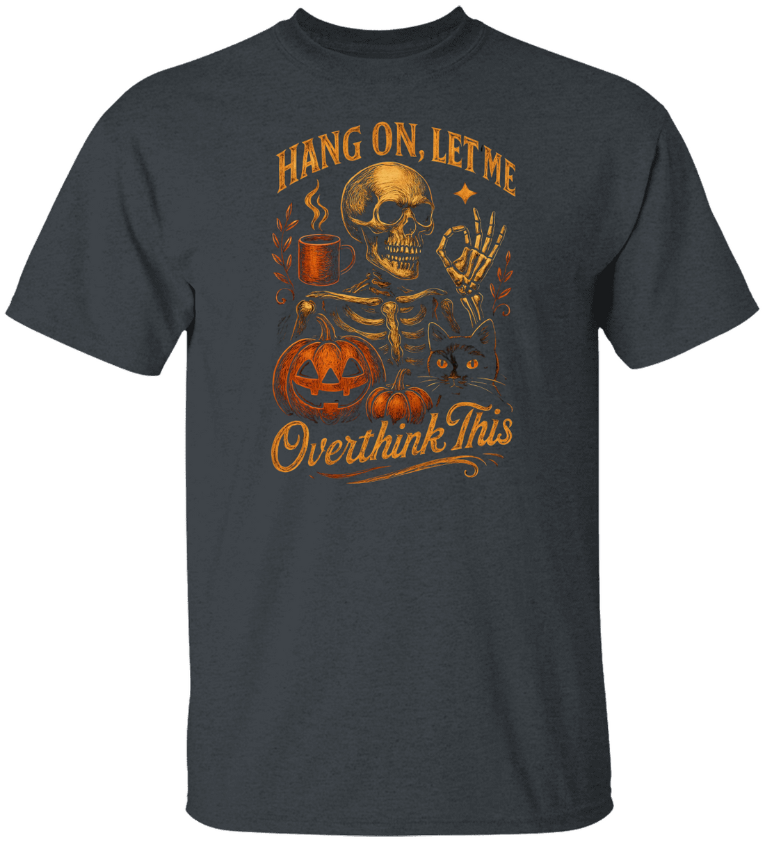 Halloween Skeleton and Cat "Overthink This" Tee