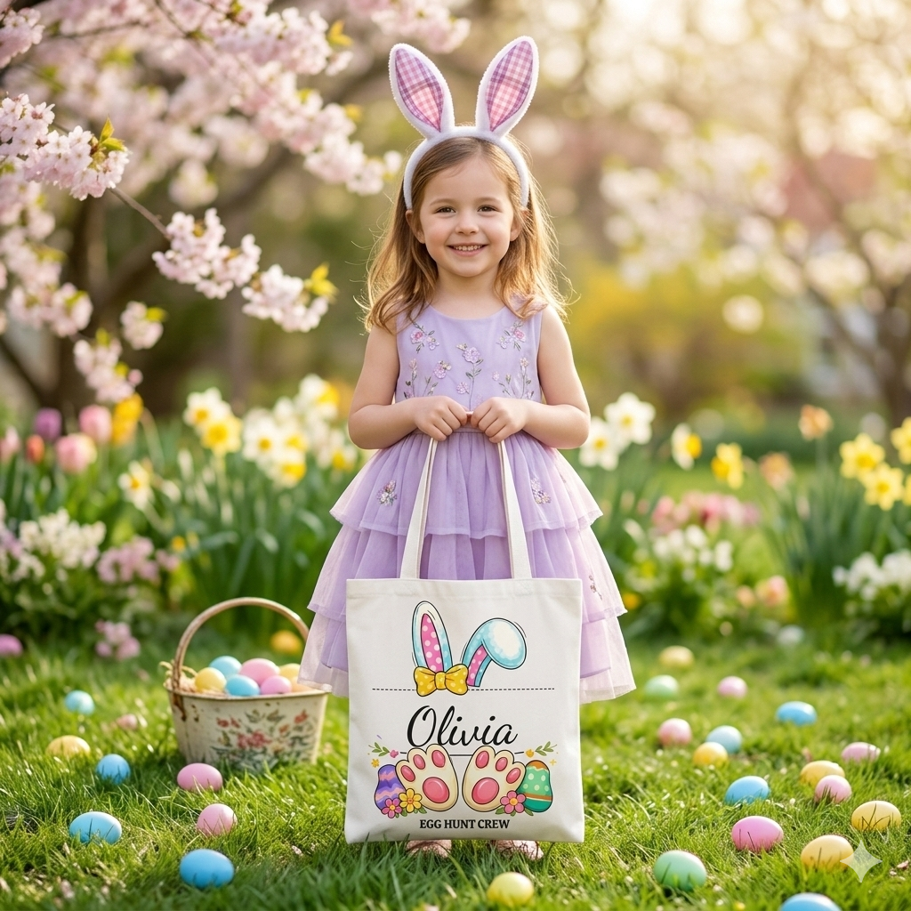 Personalized Easter Egg Hunt Tote Bag – Custom Bunny Name Bag – Kids Easter Basket Alternative – Bunny Ears Easter Gift Bag