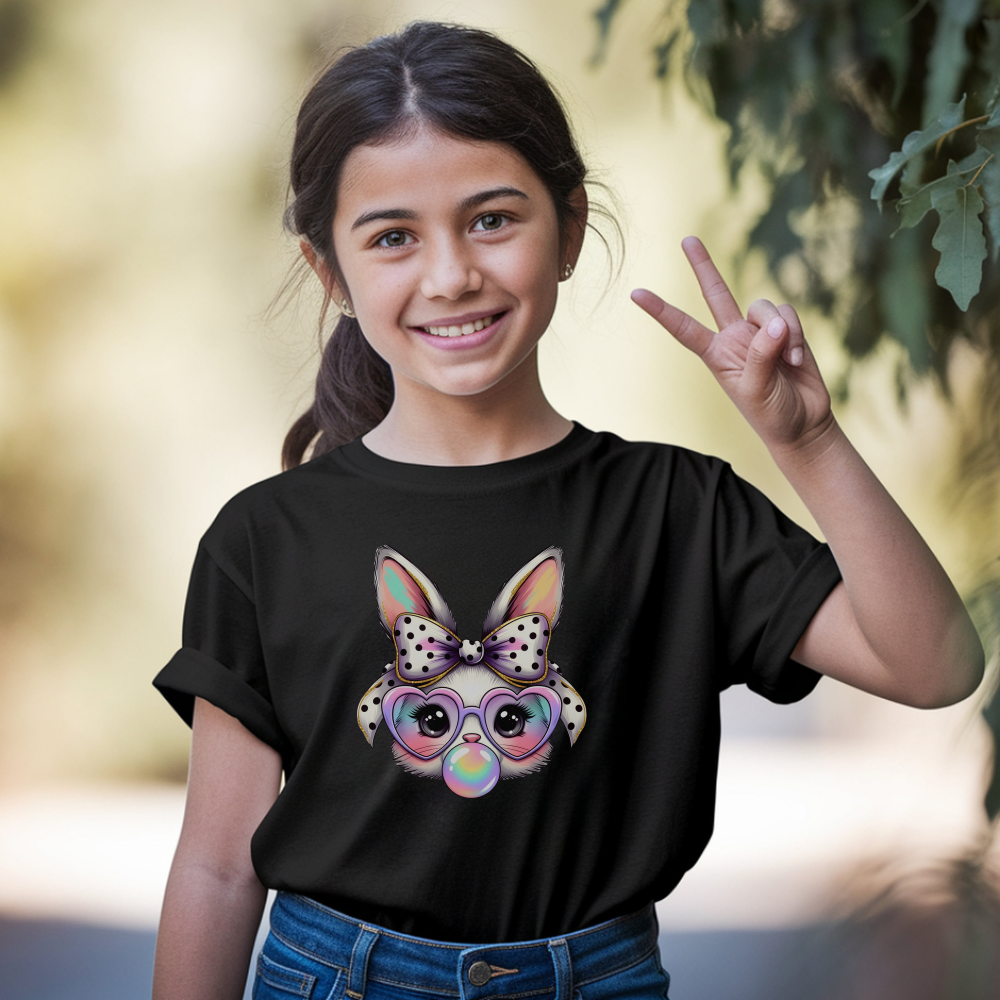 Cute Bunny Kids T-Shirt, Bunny with Glasses Tee, Fun Kids Gift, Adorable Animal Shirt, Unicorn Ears Design, Polka Dot Bow, Playful Fashion