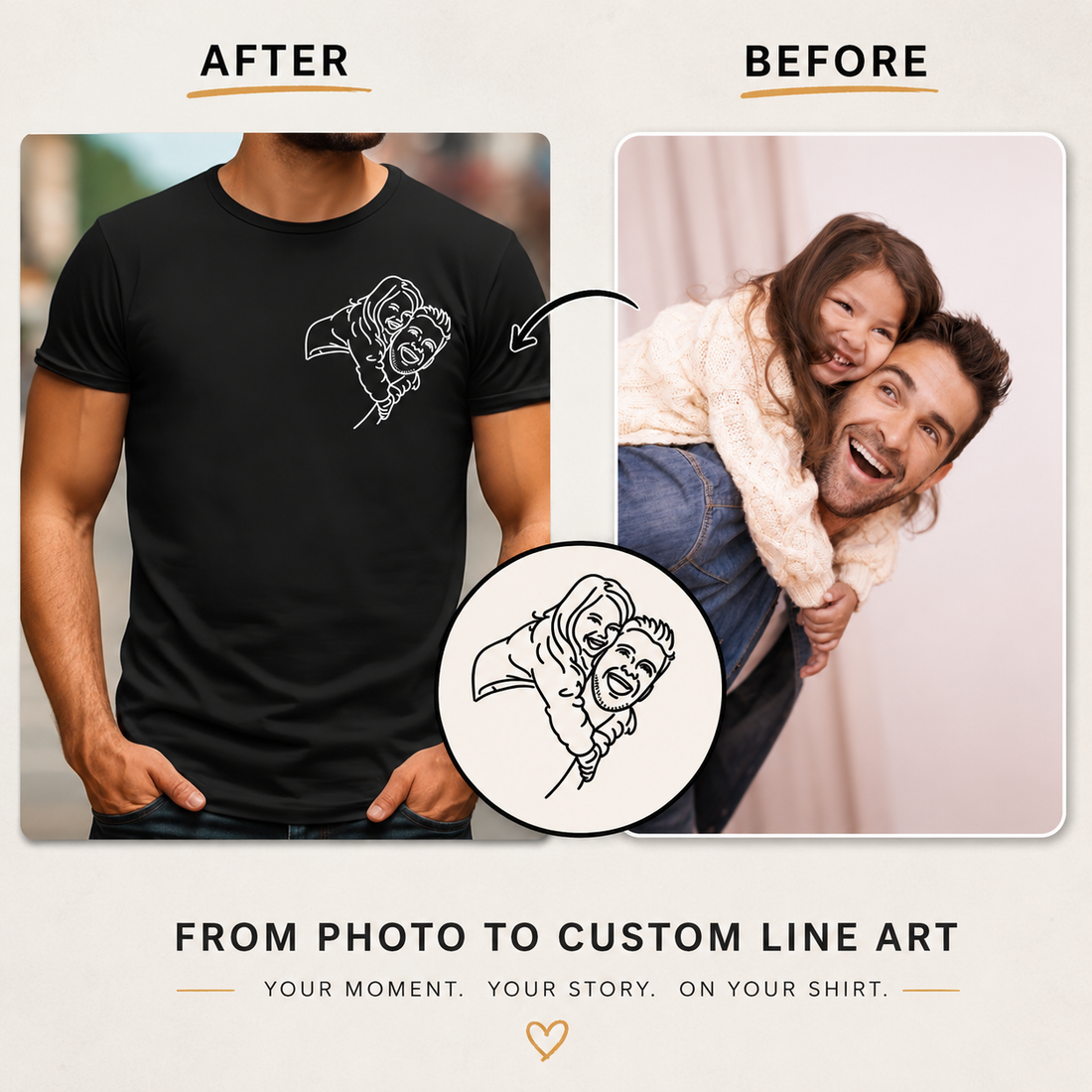 Custom Photo Shirt For Dad Father's Day Gift, Line Art T-Shirt, Dad and Baby Tee, Personalized Gift for Dad