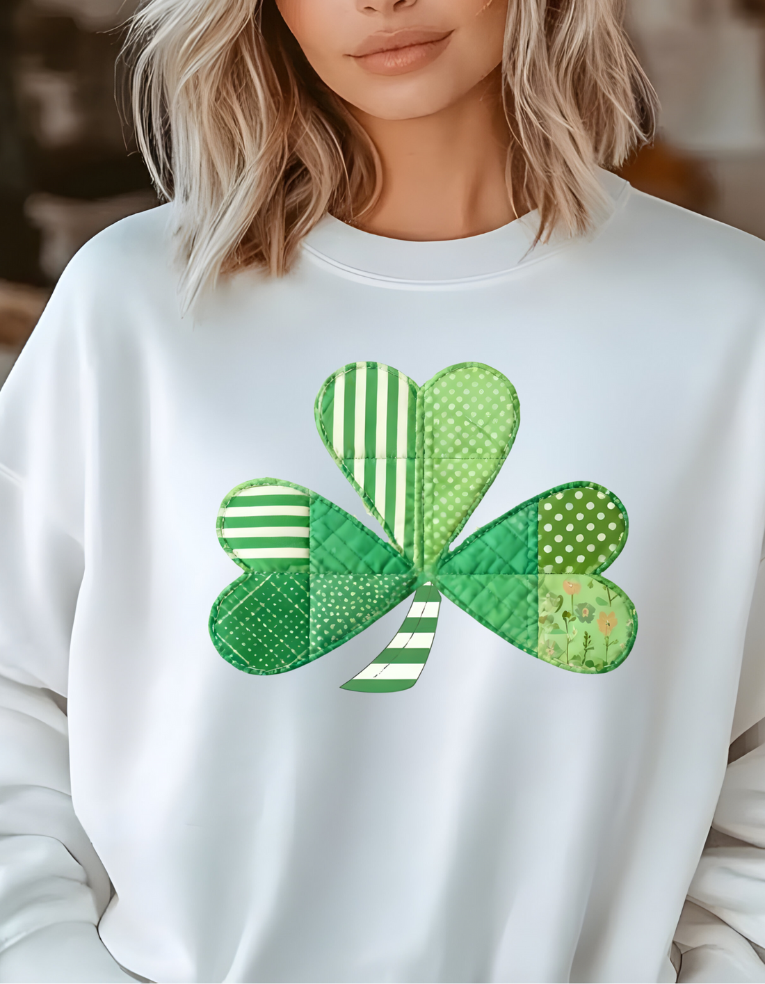 St. Patrick's Day Shamrock Sweatshirt, Patchwork Lucky Clover Crewneck, Cozy Green Patterned Pullover