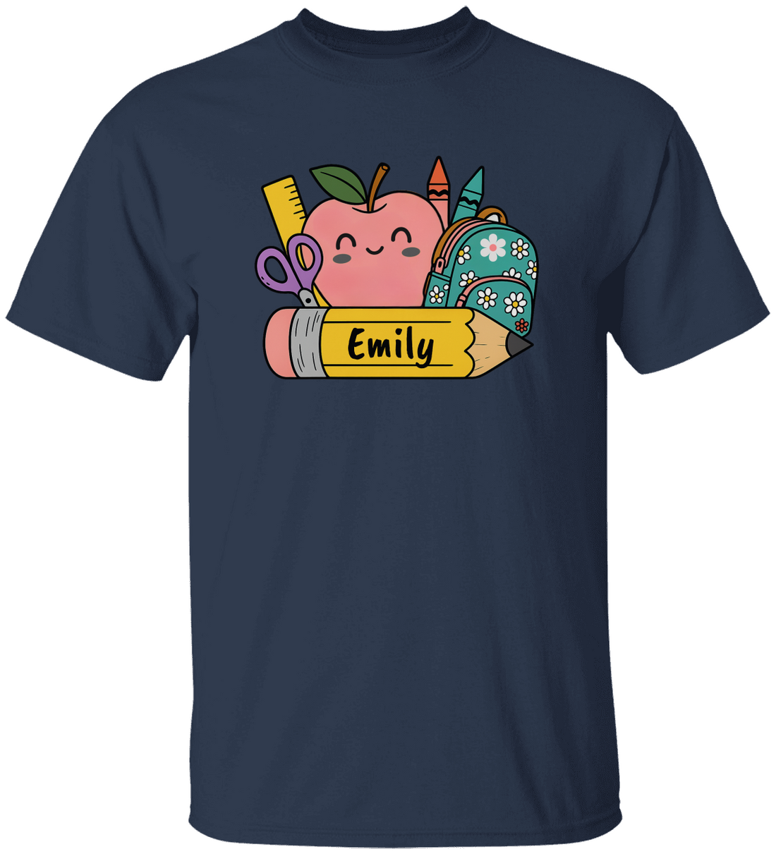 Personalized Kids Cotton Tee with School Supplies Design
