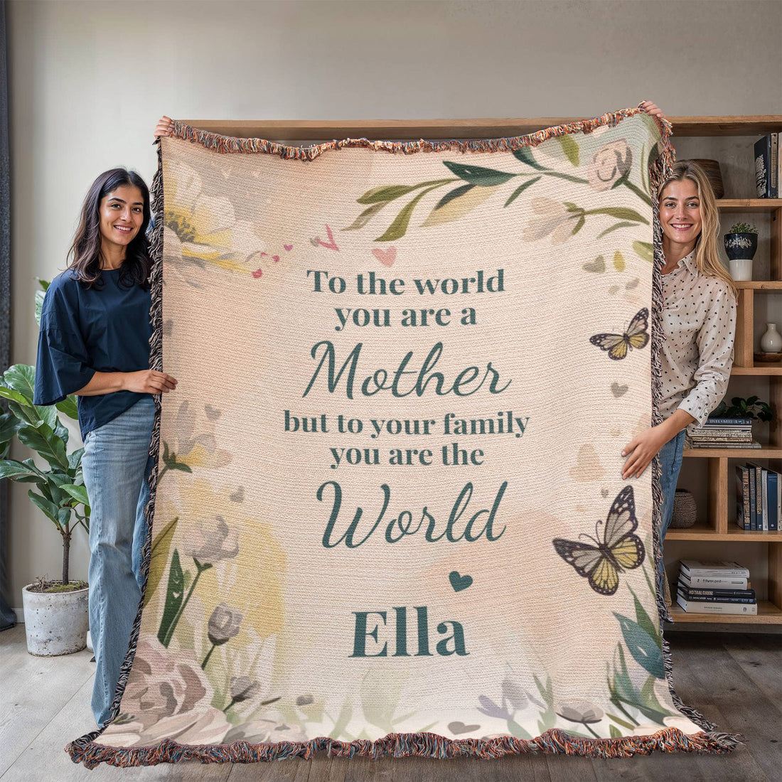 Personalized Mother’s Day Blanket – Custom Mom Gift with Kids Names – “You Are The World” Floral Throw
