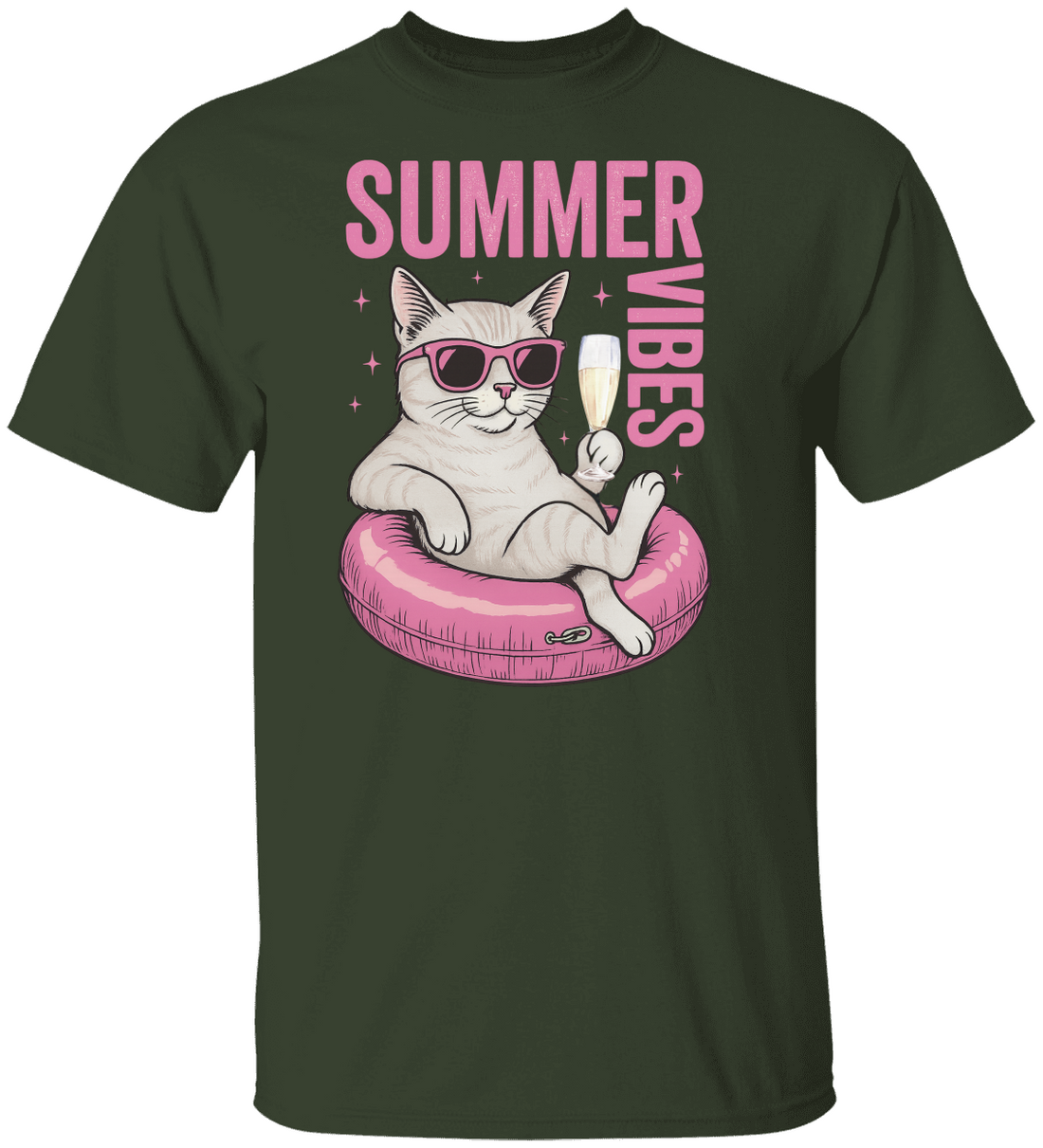 Summer Vibes T-Shirt, Summer Cat, Lazy River Cat, Cat in pool tube | Champagne Time