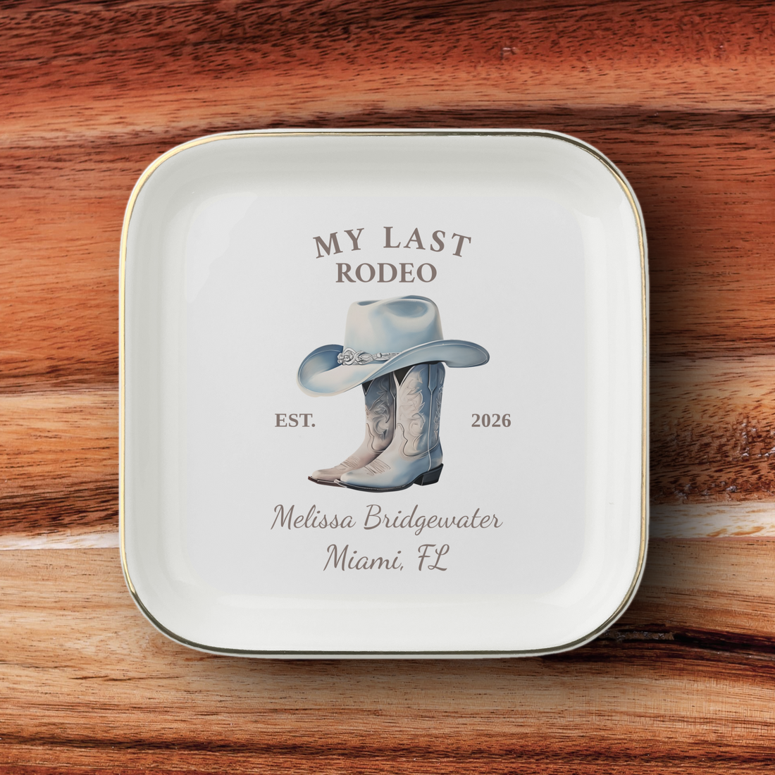 Personalized “My Last Rodeo” Jewelry Dish – Custom Western Bridal Ring Holder